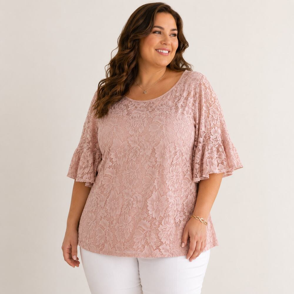 Dressbarn Women's 3X Blush Pink Lace Top Flutter Sleeve Lined Plus Size Romantic